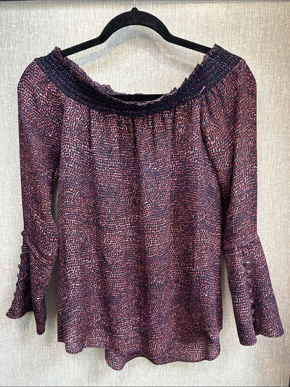 10 Crosby Derek Lam Navy and Burgundy Printed Off-Shoulder Top